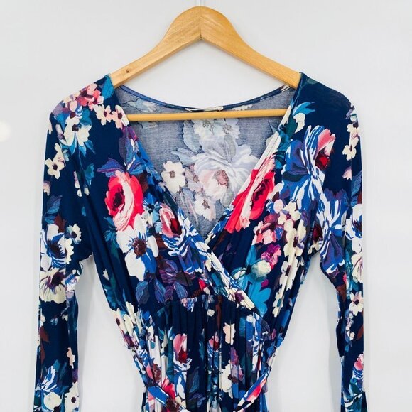 Reborn J Womens Blue Floral V Neck Wrap High Low Long Sleeve Dress M Boho Flowy - Picture 4 of 7